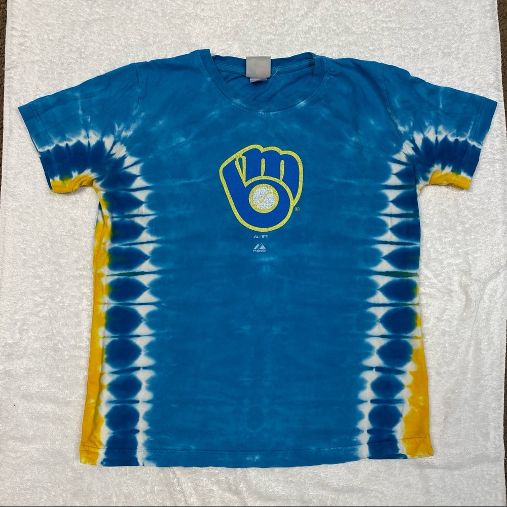 Milwaukee Brewers Majestic Tie Dye T-Shirt Boys Blue Size L